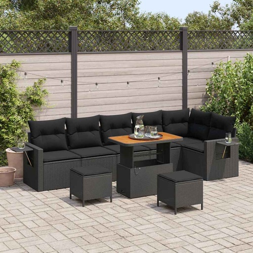 9 Piece Garden Sofa Set with Cushions Black Poly Rattan Acacia