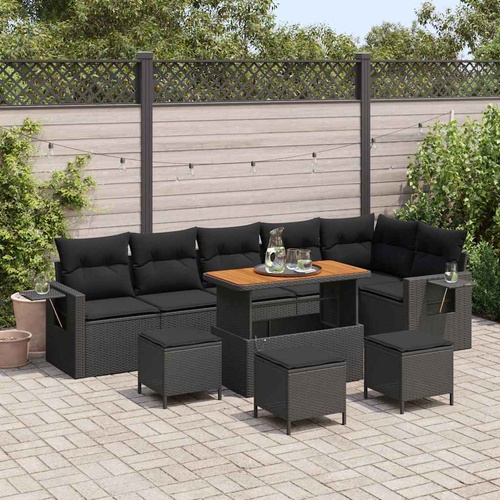 10 Piece Garden Couch Set with Cushions Black Poly Rattan Acacia