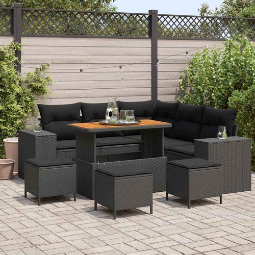 9 Piece Garden Sofa Set with Cushions Black Poly Rattan Acacia