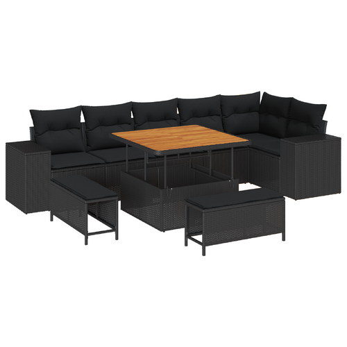 9 Piece Garden Sofa Set with Cushions Black Poly Rattan Acacia