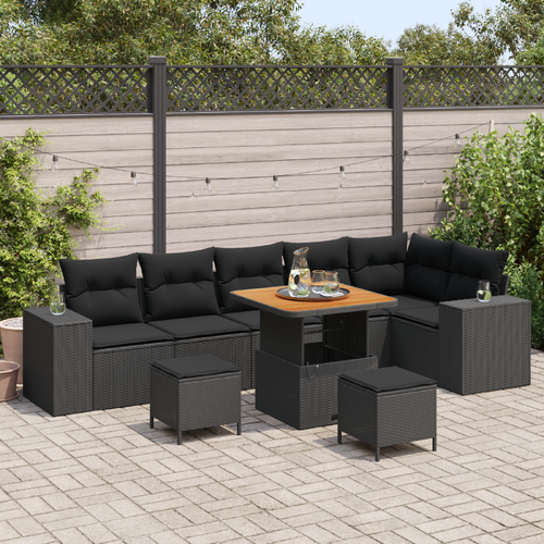 9 Piece Garden Sofa Set with Cushions Black Poly Rattan Acacia