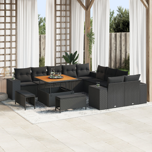 13 Piece Garden Sofa Set with Cushions Black Poly Rattan Acacia