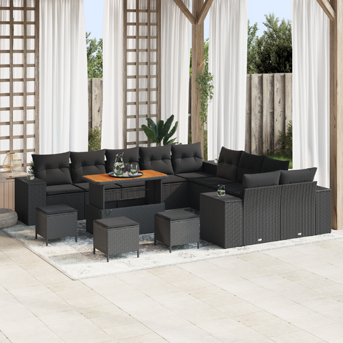 14 Piece Garden Sofa Set with Cushions Black Poly Rattan Acacia
