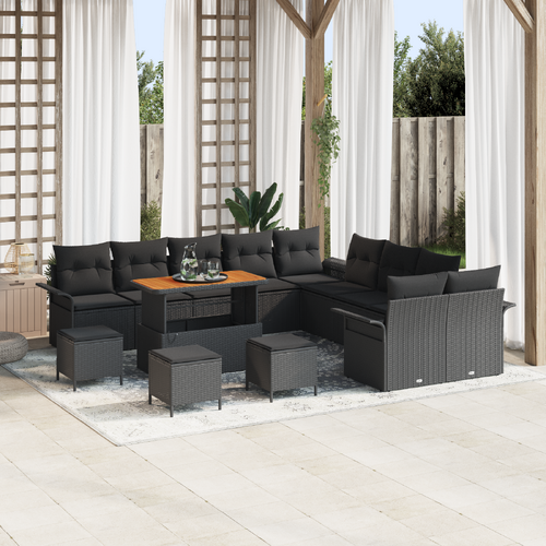 14 Piece Garden Sofa Set with Cushions Black Poly Rattan Acacia