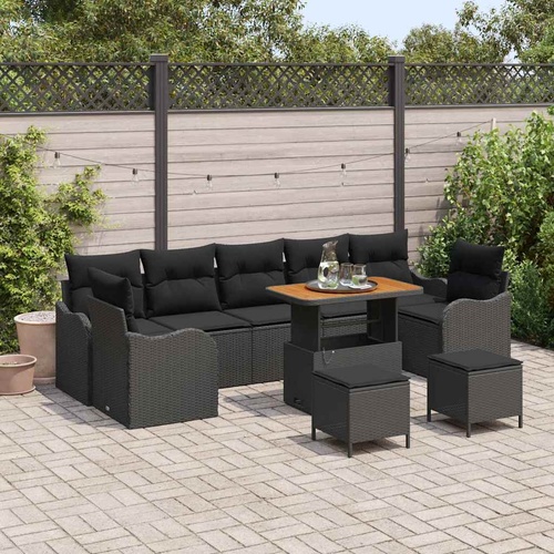 Garden Sofa Set with Cushion 10 pcs Black Poly Rattan