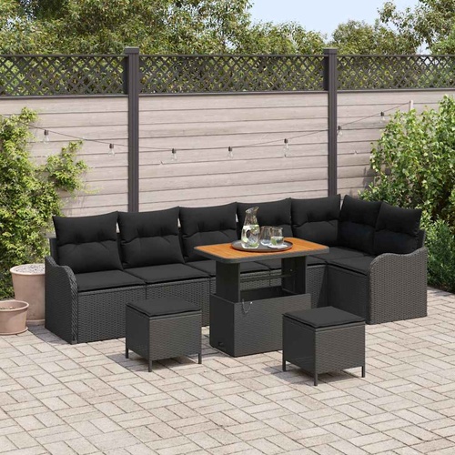 9 Piece Garden Sofa Set with Cushions Black Poly Rattan Acacia