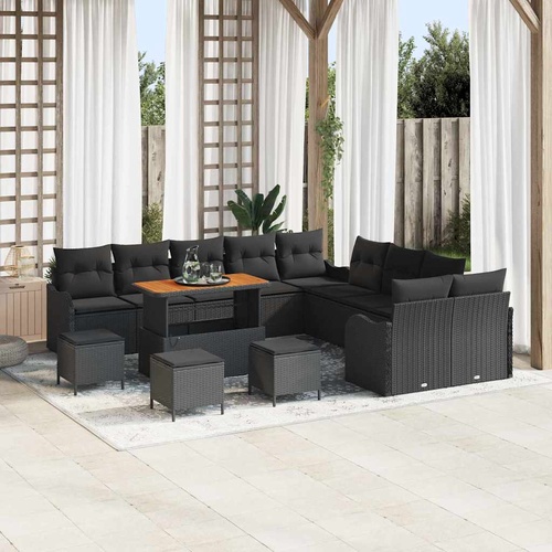 14 Piece Garden Sofa Set with Cushions Black Poly Rattan Acacia