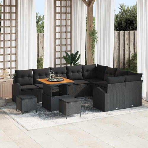 12-Piece Garden Sofa Set with Cushions Black Poly Rattan Acacia