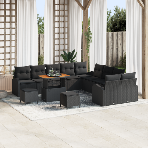 13 Piece Garden Sofa Set with Cushions Black Poly Rattan Acacia
