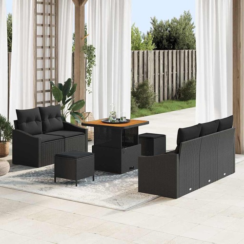 8 Piece Garden Sofa Set with Cushions Black Poly Rattan Acacia
