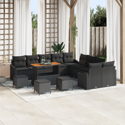 14 Piece Garden Sofa Set with Cushions Black Poly Rattan Acacia