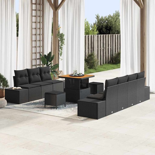 Garden Sofa Set with Cushion 10 pcs Black Poly Rattan