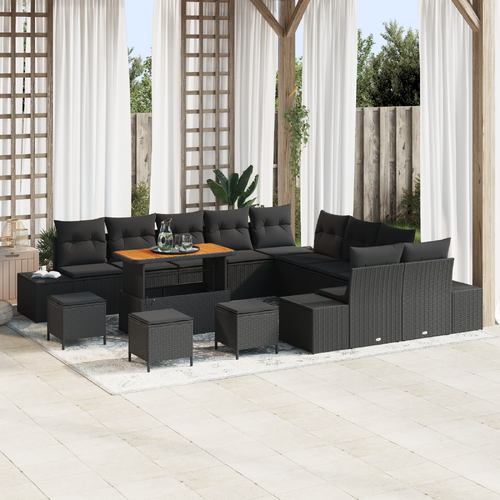 14 Piece Garden Sofa Set with Cushions Black Poly Rattan Acacia
