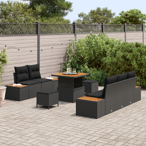 8 Piece Garden Sofa Set with Cushions Black Poly Rattan Acacia