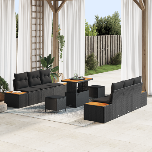 9 Piece Garden Sofa Set with Cushions Black Poly Rattan Acacia