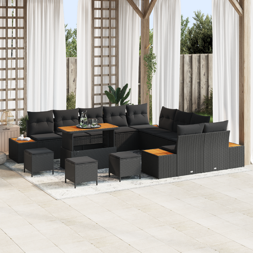 14 Piece Garden Sofa Set with Cushions Black Poly Rattan Acacia