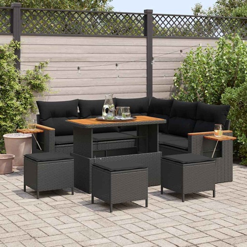 9 Piece Garden Sofa Set with Cushions Black Poly Rattan Acacia