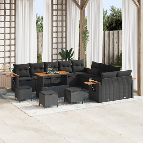 14 Piece Garden Sofa Set with Cushions Black Poly Rattan Acacia