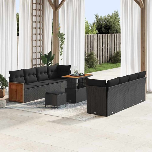 11 Piece Garden Sofa Set with Cushions Black Poly Rattan Acacia
