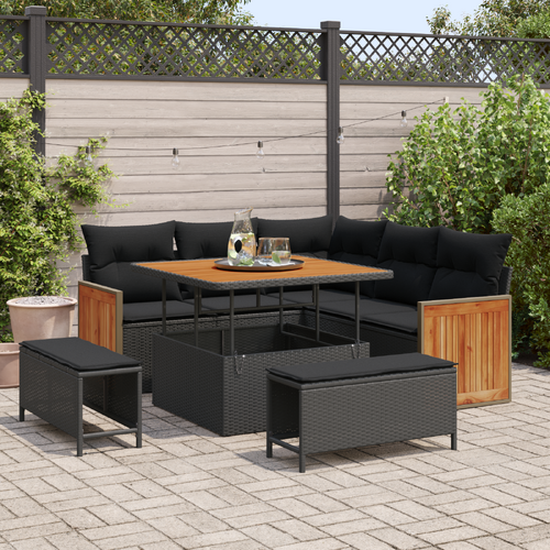 8 Piece Garden Sofa Set with Cushions Black Poly Rattan Acacia