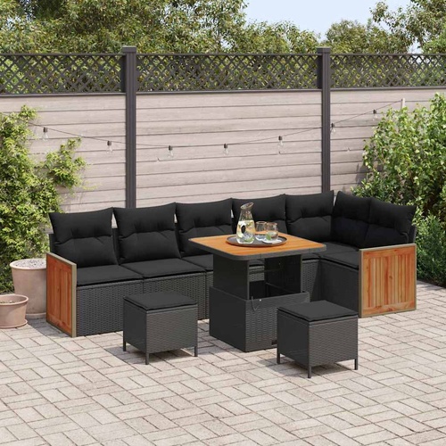 9 Piece Garden Sofa Set with Cushions Black Poly Rattan Acacia