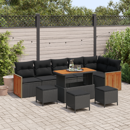 10 Piece Garden Sofa Set with Cushions Black Poly Rattan Acacia