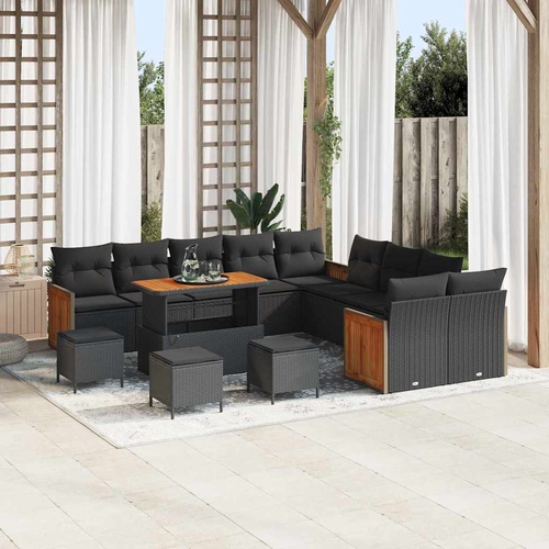 14 Piece Garden Sofa Set with Cushions Black Poly Rattan Acacia