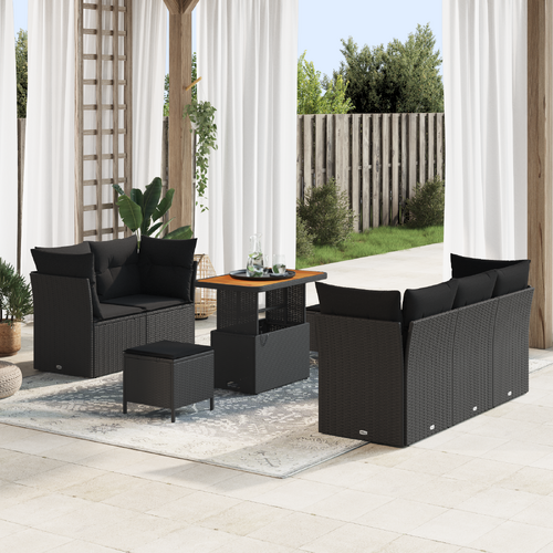 8 Piece Garden Sofa Set with Cushions Black Poly Rattan Acacia