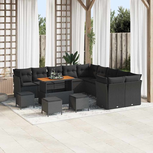 14 Piece Garden Sofa Set with Cushions Black Poly Rattan Acacia