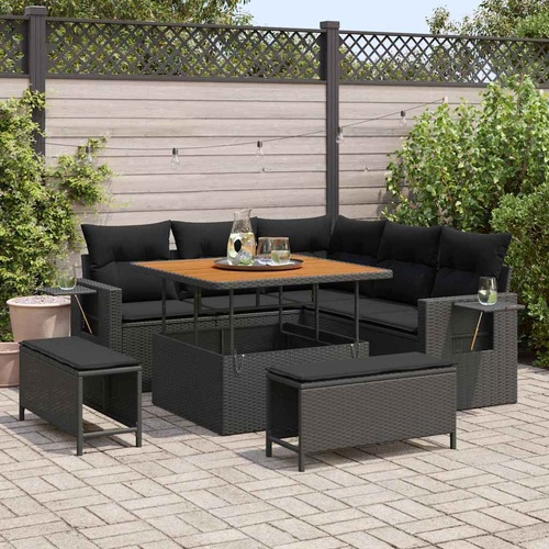 8 Piece Garden Sofa Set with Cushions Black Poly Rattan Acacia