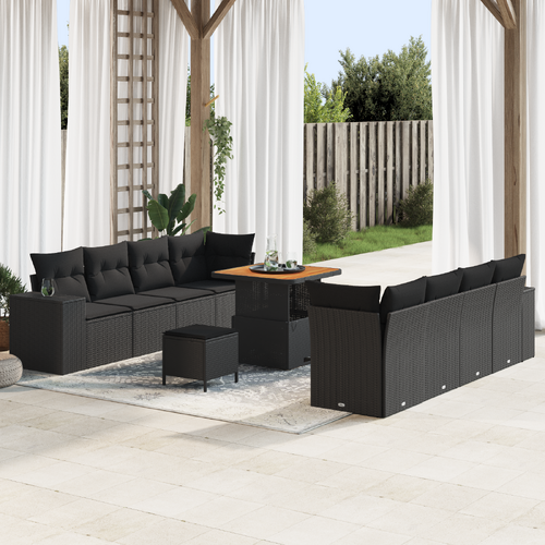 11 Piece Garden Sofa Set with Cushions Black Poly Rattan Acacia