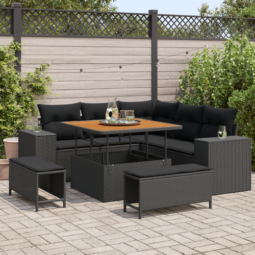 8 Piece Garden Sofa Set with Cushions Black Poly Rattan Acacia