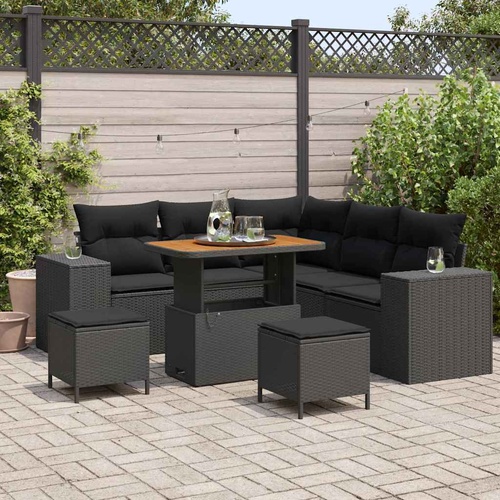 8 Piece Garden Sofa Set with Cushions - Black Poly Rattan