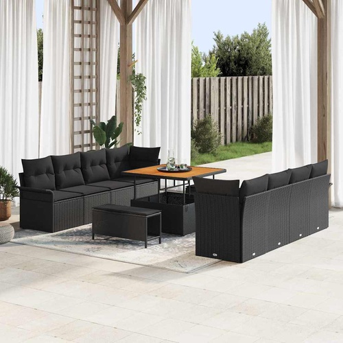 11 Piece Garden Sofa Set with Cushions Black Poly Rattan Acacia
