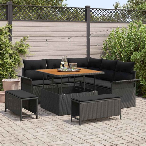 8 Piece Garden Sofa Set with Cushions Black Poly Rattan Acacia