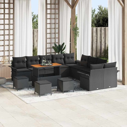 14 Piece Garden Sofa Set with Cushions Black Poly Rattan Acacia