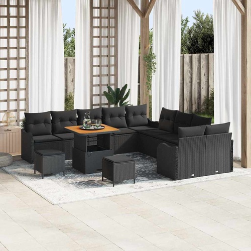 13 Piece Garden Sofa Set with Cushions Black Poly Rattan Acacia