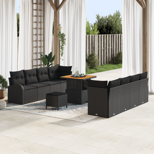 11 Piece Garden Sofa Set with Cushions Black Poly Rattan Acacia