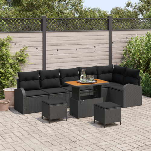 9 Piece Garden Sofa Set with Cushions Black Poly Rattan Acacia