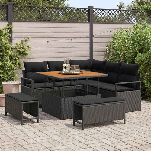 8 Piece Garden Sofa Set with Cushions Black Poly Rattan Acacia