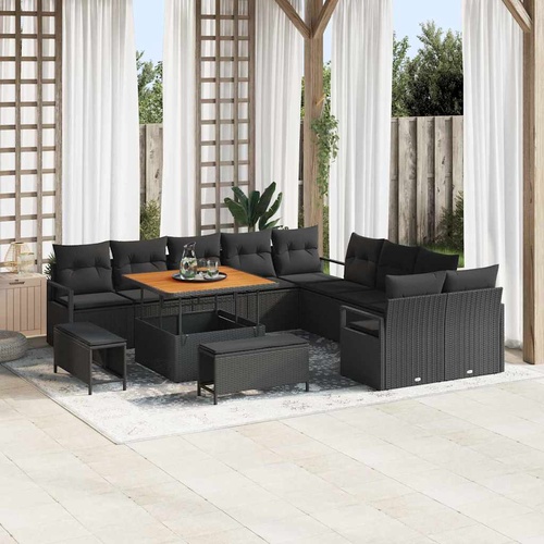 13 Piece Garden Sofa Set with Cushions Black Poly Rattan Acacia