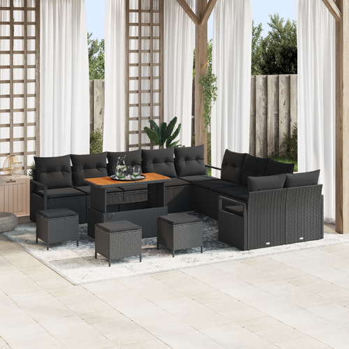 14 Piece Garden Sofa Set with Cushions Black Poly Rattan Acacia