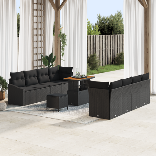 11 Piece Garden Sofa Set with Cushions Black Poly Rattan Acacia