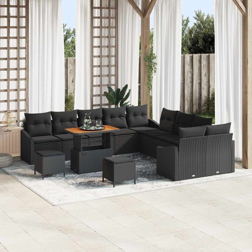 13 Piece Garden Sofa Set with Cushions Black Poly Rattan Acacia