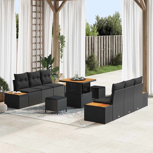 9 Piece Garden Sofa Set with Cushions Black Poly Rattan Acacia