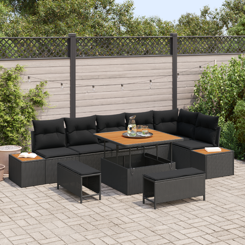 9 Piece Garden Sofa Set with Cushions Black Poly Rattan Acacia