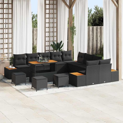 14 Piece Garden Sofa Set with Cushions Black Poly Rattan Acacia