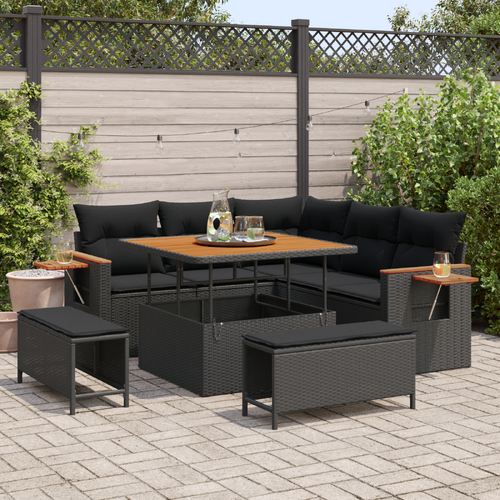 8 Piece Garden Couch Set with Cushions Black Poly Rattan Acacia