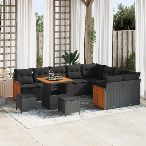 12 Piece Garden Sofa Set with Cushions Black Poly Rattan Acacia