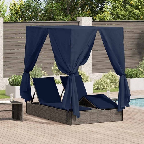 Double Sun Lounger Set of 2 Grey and Navy Blue Rattan Large
